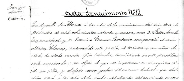 Acta de nacimiento de Francisco Muñoz, el Tuerto de Abanto